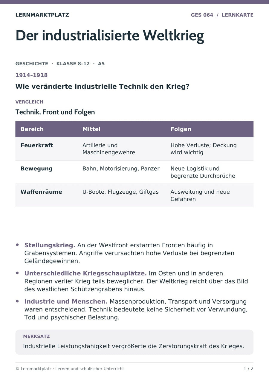 Geschichte: Der industrialisierte Weltkrieg – Vorderseite der A5-Lernkarte