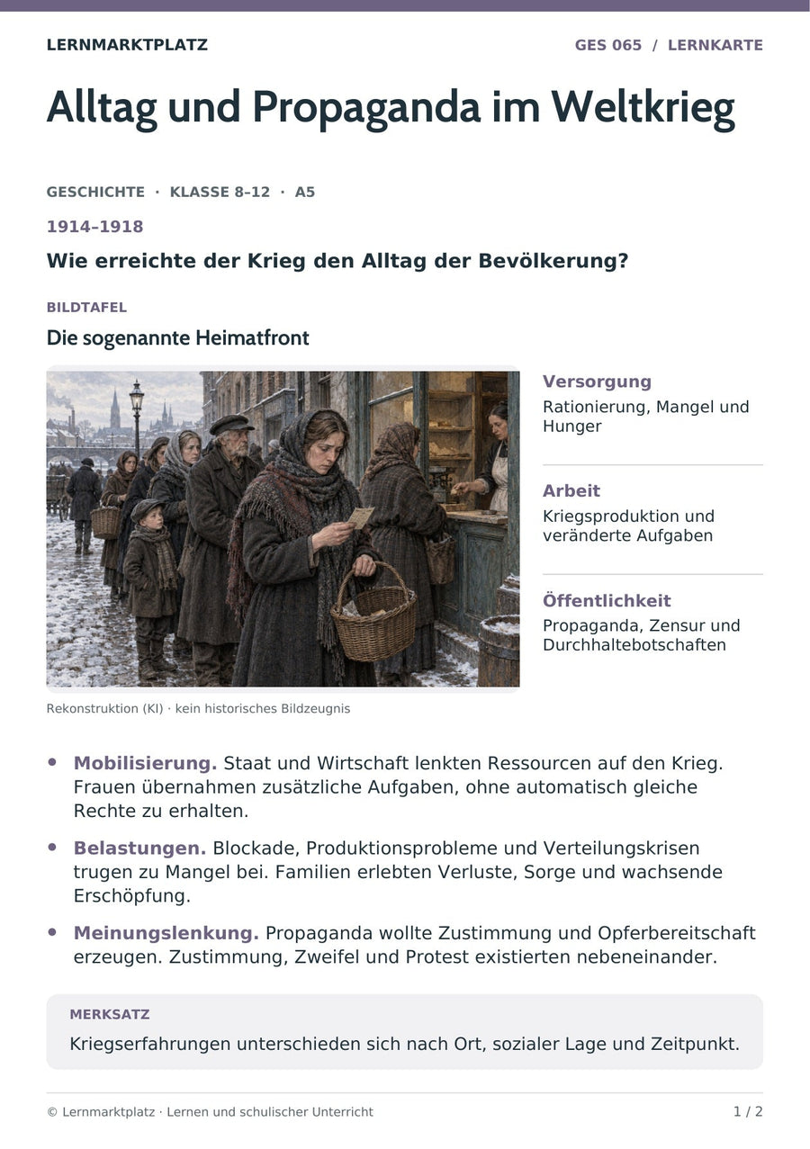 Geschichte: Alltag und Propaganda im Weltkrieg – Vorderseite der A5-Lernkarte