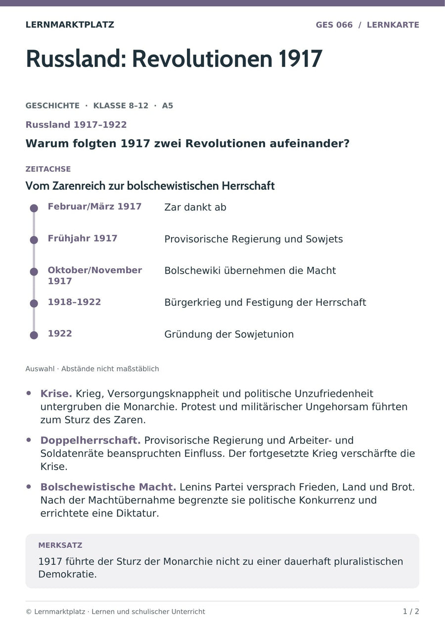 Geschichte: Russland: Revolutionen 1917 – Vorderseite der A5-Lernkarte