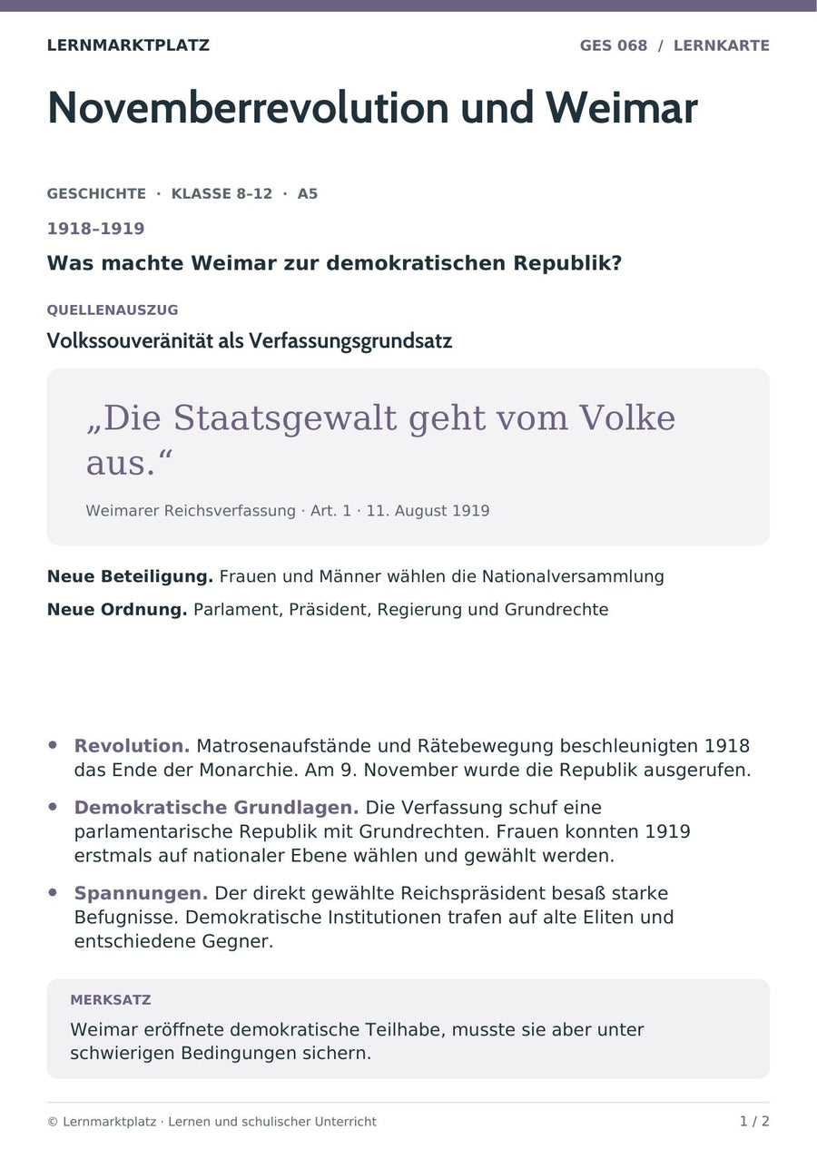 Geschichte: Novemberrevolution und Weimar – Vorderseite der A5-Lernkarte