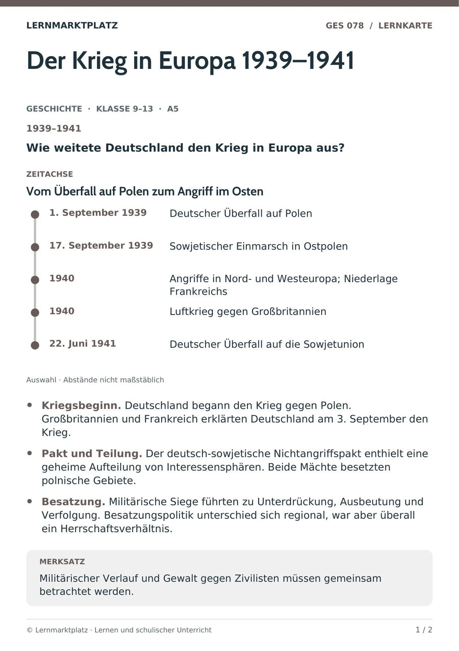 Geschichte: Der Krieg in Europa 1939–1941 – Vorderseite der A5-Lernkarte