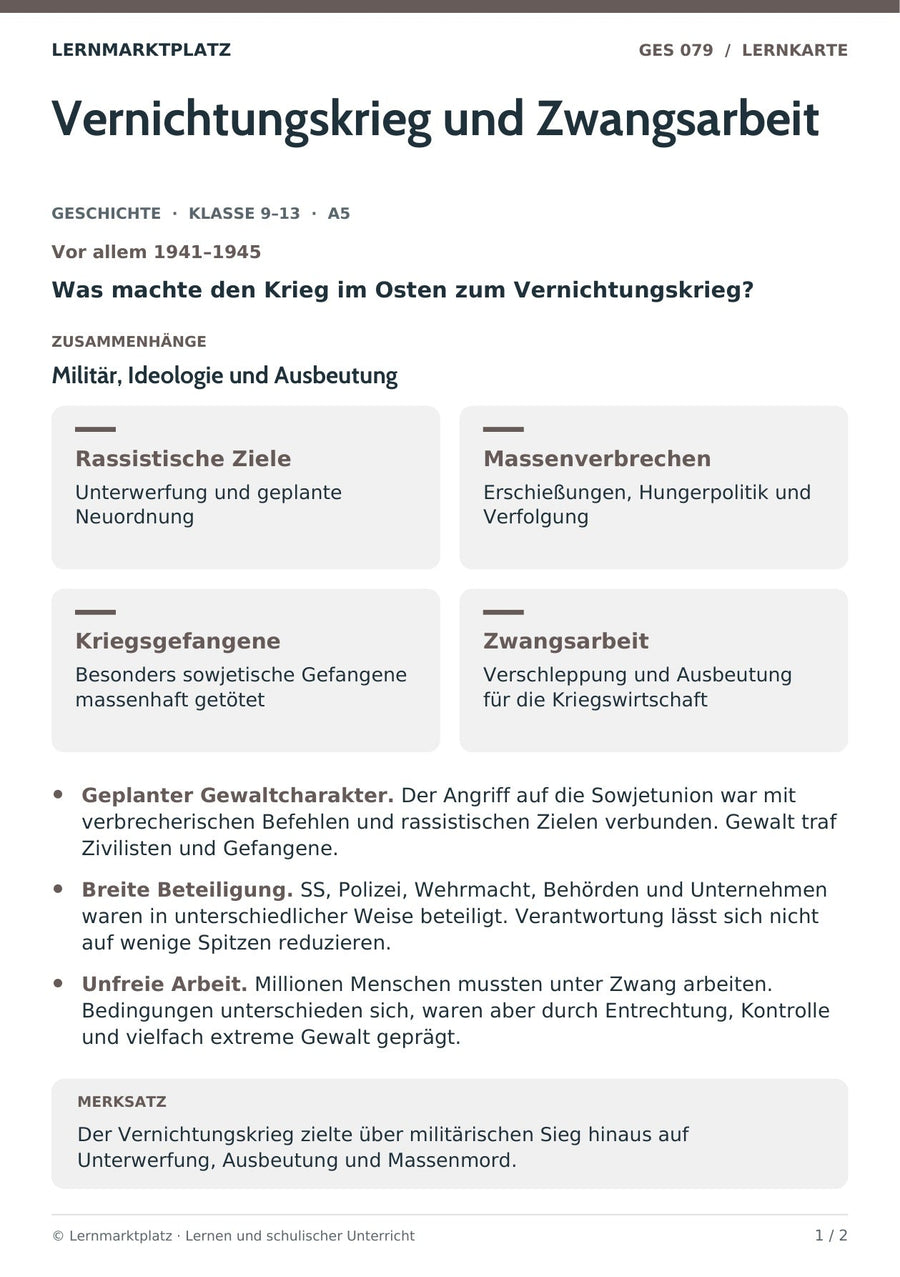 Geschichte: Vernichtungskrieg und Zwangsarbeit – Vorderseite der A5-Lernkarte