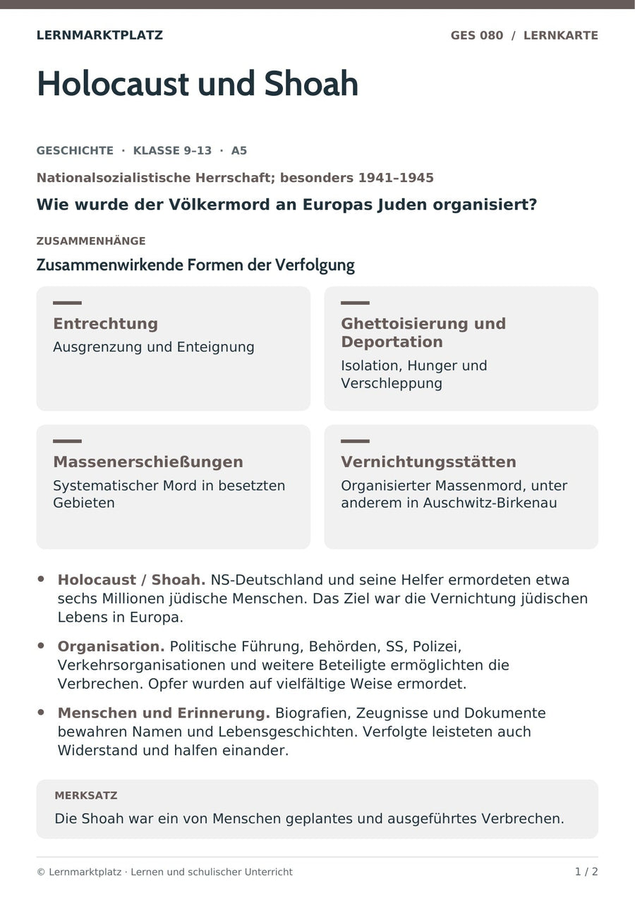 Geschichte: Holocaust und Shoah – Vorderseite der A5-Lernkarte