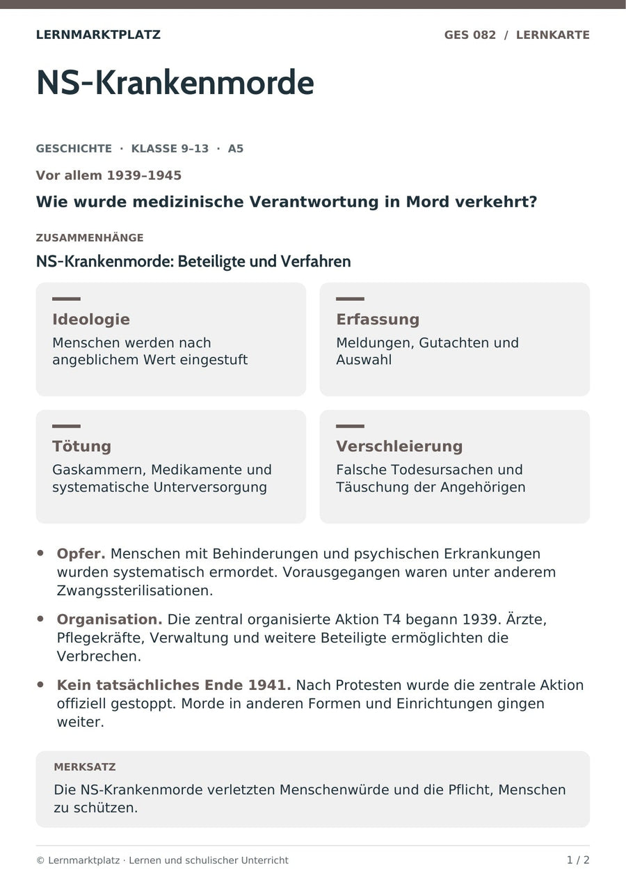 Geschichte: NS-Krankenmorde – Vorderseite der A5-Lernkarte