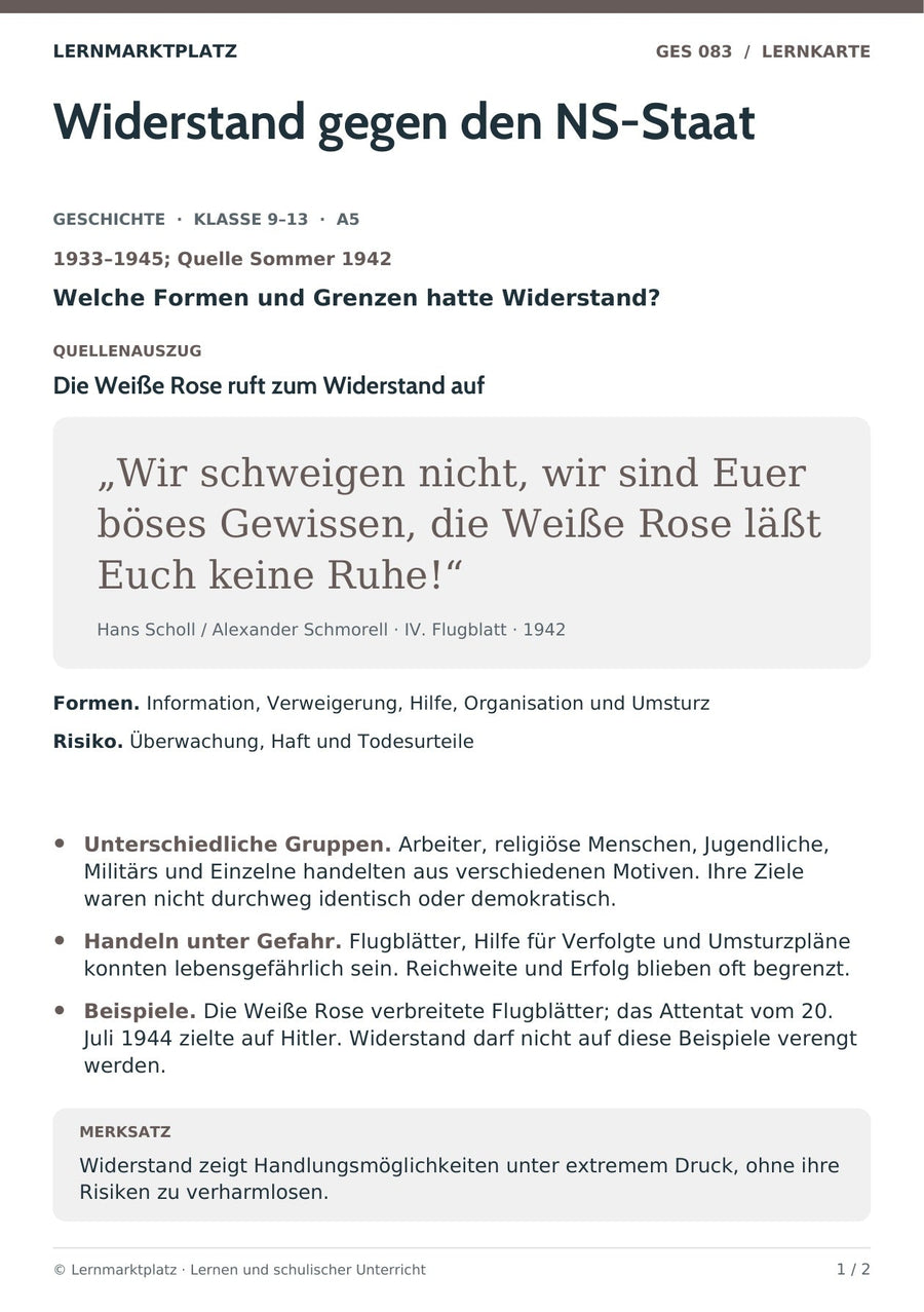 Geschichte: Widerstand gegen den NS-Staat – Vorderseite der A5-Lernkarte