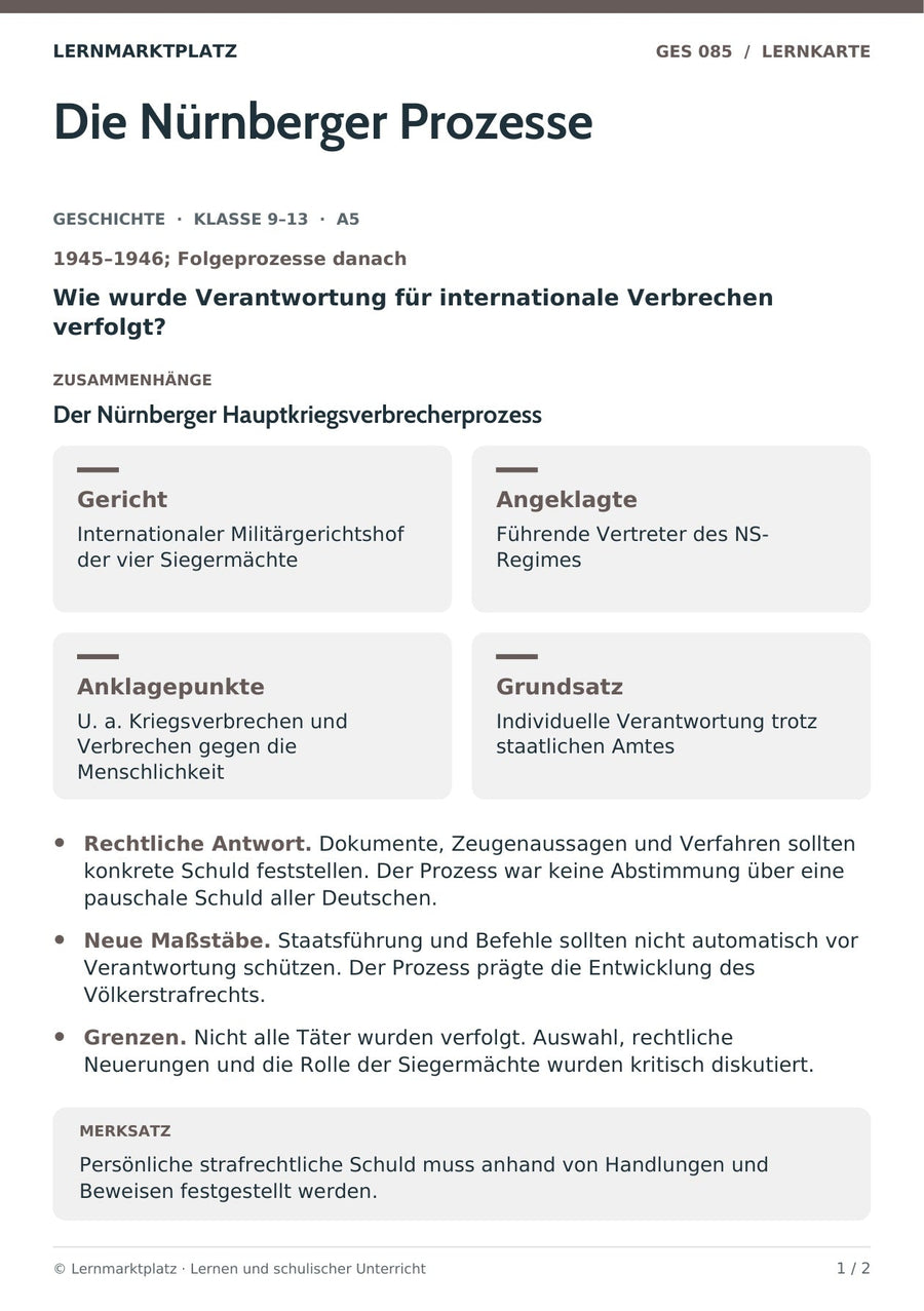Geschichte: Die Nürnberger Prozesse – Vorderseite der A5-Lernkarte