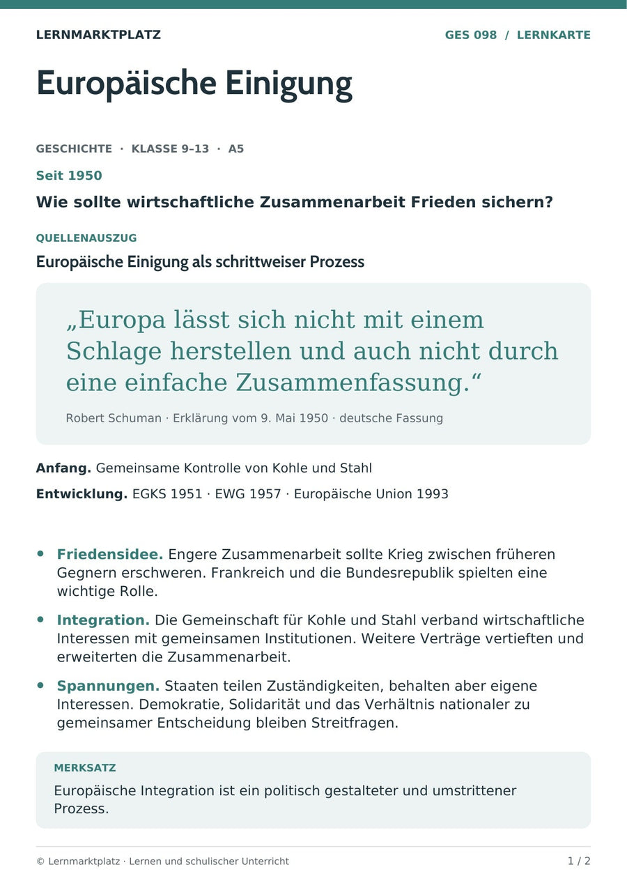 Geschichte: Europäische Einigung – Vorderseite der A5-Lernkarte