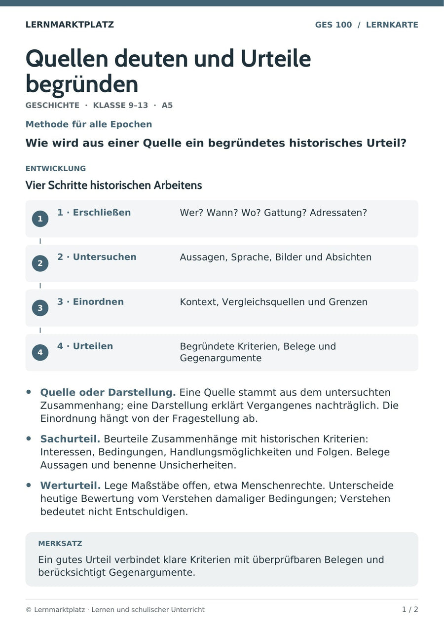 Geschichte: Quellen deuten und Urteile begründen – Vorderseite der A5-Lernkarte