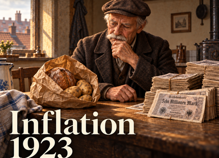 Inflation 1923 – Wenn das Ersparte nicht mehr reicht. Menschen erzählen Geschichte: Rentner Karl mit Brot, Kartoffeln und Geldscheinen; cremefarbene Schrift auf historischer Illustration.