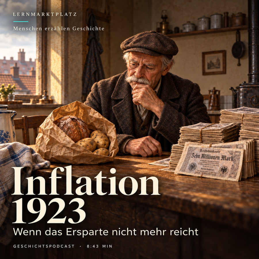 Inflation 1923 – Wenn das Ersparte nicht mehr reicht. Menschen erzählen Geschichte: Rentner Karl mit Brot, Kartoffeln und Geldscheinen; cremefarbene Schrift auf historischer Illustration.