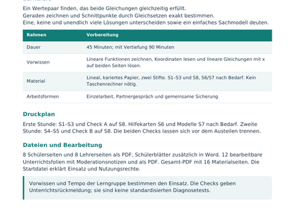 Lineare Gleichungssysteme lösen – Lehrerübersicht mit Lernzielen und Druckplan