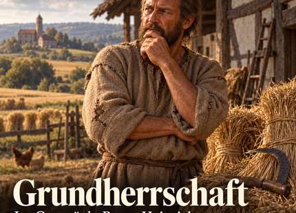 Grundherrschaft – Menschen erzählen Geschichte. KI-generierte historische Illustration.