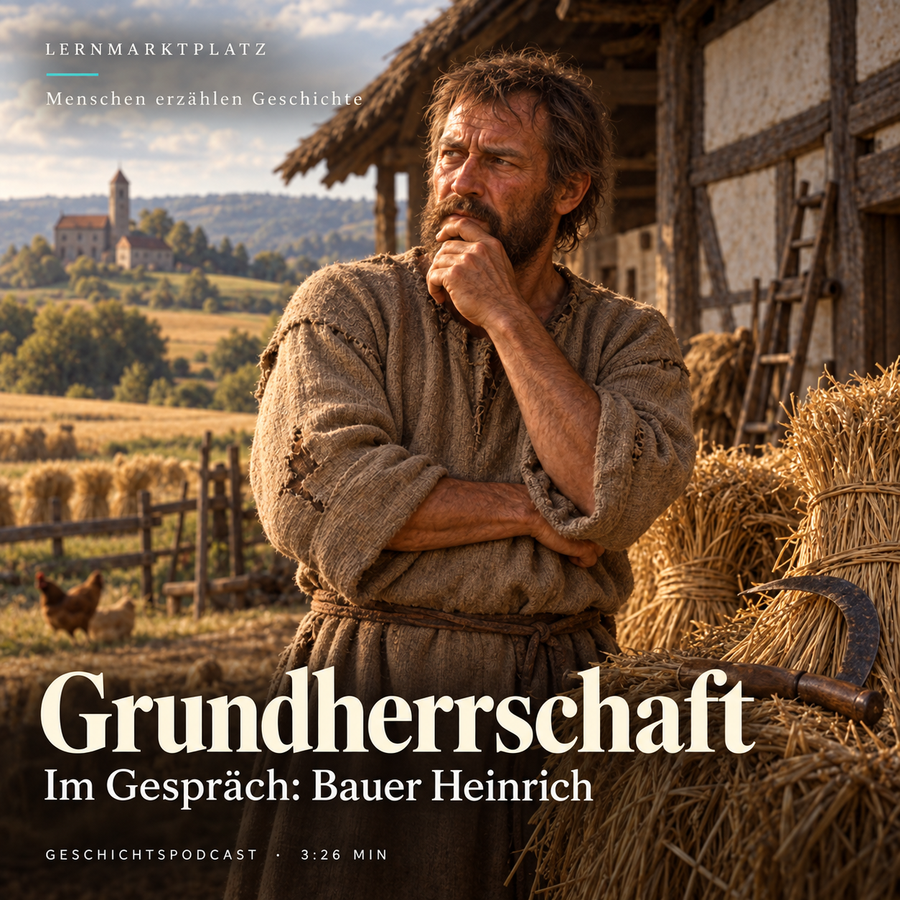 Grundherrschaft – Menschen erzählen Geschichte. KI-generierte historische Illustration.