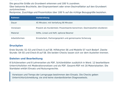 Grundwert berechnen – Lehrerübersicht mit Lernzielen und Druckplan