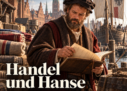 Handel und Hanse – Menschen erzählen Geschichte. KI-generierte historische Illustration.