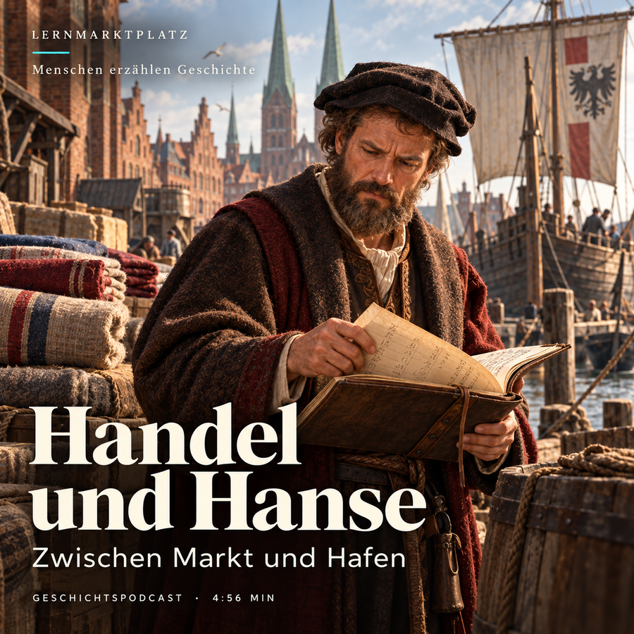 Handel und Hanse – Menschen erzählen Geschichte. KI-generierte historische Illustration.