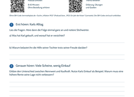 Hörarbeitsblatt Inflation 1923 mit Illustration von Karl und QR-Codes