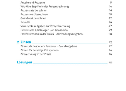 Inhaltsverzeichnis: Klett 10-Minuten-Training Mathematik – Prozente und Zinsen, Klasse 6–8