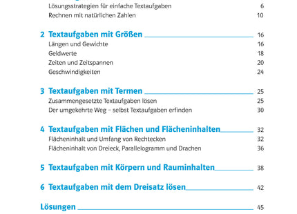 Inhaltsverzeichnis: Klett 10-Minuten-Training Mathematik – Textaufgaben, Klasse 5