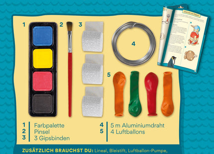 Enthaltenes Bastelmaterial: Gipsbinden, Aluminiumdraht, Luftballons, Farben und Pinsel