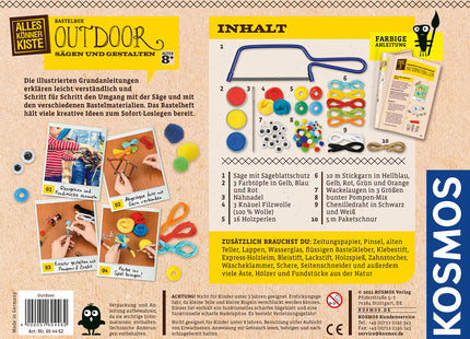 Outdoor Sägen und Gestalten – Verpackungsrückseite mit Material, Zusatzbedarf und Sicherheitshinweisen