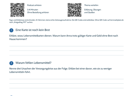 Hörarbeitsblatt zum Podcast Kriegsalltag 1917 mit Anna, Höraufgaben und QR-Codes