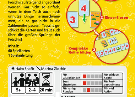 AMIGO Fröschis – Schachtelrückseite mit Inhalt und Spielübersicht