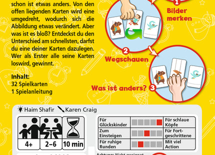 AMIGO Schau mal! – Schachtelrückseite mit Inhalt und Spielübersicht