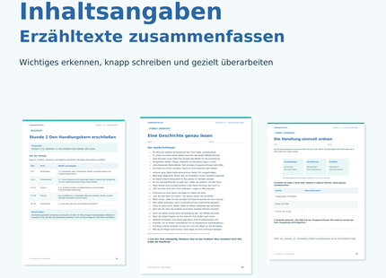 Unterrichtspaket Inhaltsangaben schreiben für Deutsch Klasse 7–8 mit sieben Stunden, 32 Schülerseiten, Tests und Excel-Auswertung.