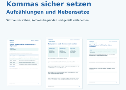 Unterrichtspaket Kommas sicher setzen für Deutsch Klasse 6–7: 8 Stunden, 32 Schülerseiten, Tests und Excel mit Vorschau auf Originalseiten.