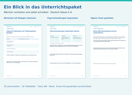 Einblick in drei Arbeitsblätter: Märchenmerkmale mit Belegen, Figurenhandlungen begründen und einen Märchenanfang fortsetzen