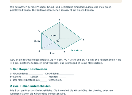Volumen und Oberfläche von Prismen – Schülerblatt S1 mit beschriftetem geradem Dreiecksprisma