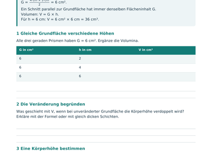 Volumen und Oberfläche von Prismen – Schülerblatt S2 mit Grundfläche, Volumenformel und Wertetabelle