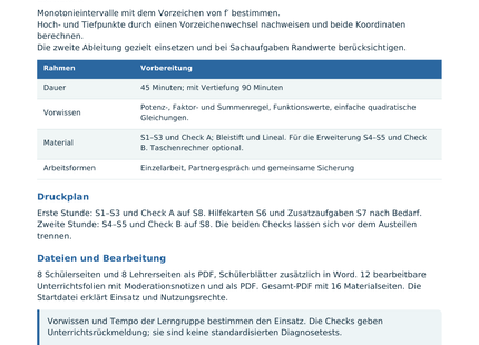 Monotonie und Extrempunkte – Lehrerübersicht mit Lernzielen und Druckplan