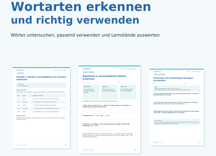 Unterrichtspaket Wortarten erkennen und richtig verwenden für Deutsch Klasse 5–6 mit acht Stunden, 32 Schülerseiten, Tests und Excel-Auswertung.