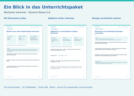 Einblick in die Arbeitsblätter zu Nomen, Adjektiven und eindeutigen Pronomenbezügen aus dem Unterrichtspaket Wortarten für Deutsch Klasse 5–6.