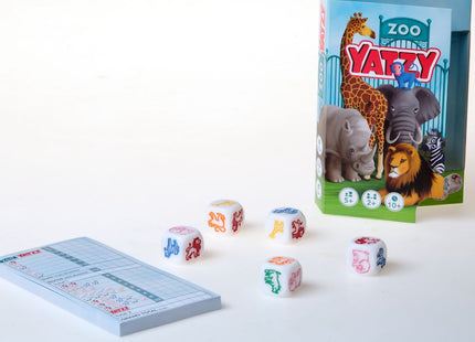 Zoo Yatzy: fünf Tierwürfel, Wertungsblock und Verpackung