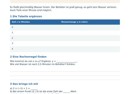 Lineare Funktionen verstehen und zeichnen – Schülerblatt S1 mit Füllaufgabe und Wertetabelle