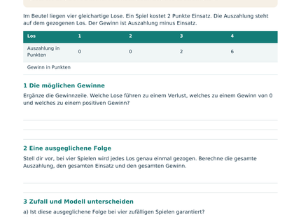 Erwartungswert und faire Spiele – Schülerblatt S1 mit Losspiel, Auszahlung, Einsatz und Gewinn