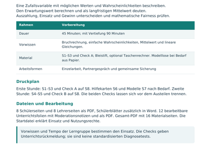 Erwartungswert und faire Spiele – Lehrerübersicht mit Lernzielen und Druckplan