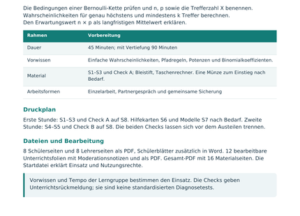 Binomialverteilung verstehen und anwenden – Lehrerübersicht mit Lernzielen und Druckplan