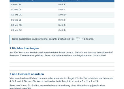 Kombinatorik – Reihenfolge und Auswahl – Schülerblatt S2 mit vollständiger Gegenüberstellung geordneter Besetzungen und ungeordneter Teams