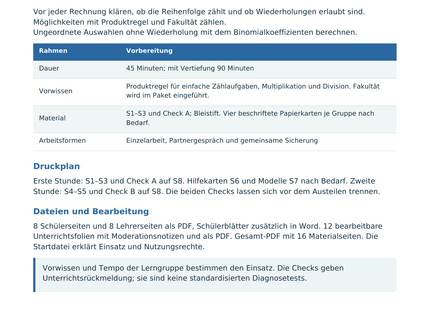 Kombinatorik – Reihenfolge und Auswahl – Lehrerübersicht mit Lernzielen und Druckplan