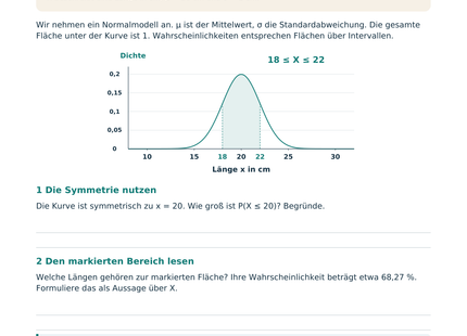 Normalverteilung verstehen und anwenden – Schülerblatt S1 mit Normaldichte und markiertem Intervall zwischen 18 und 22 Zentimetern