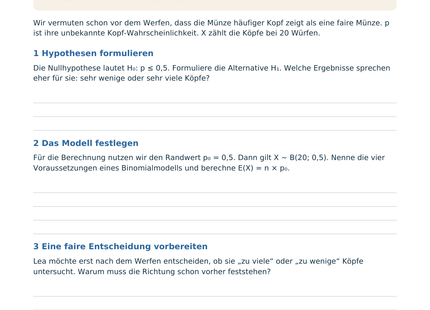 Einseitige Hypothesentests mit der Binomialverteilung – Schülerblatt S1 mit Münzbeispiel, Hypothesen und Modellbedingungen
