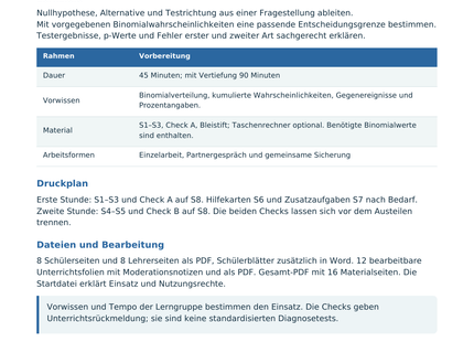 Einseitige Hypothesentests mit der Binomialverteilung – Lehrerübersicht mit Lernzielen und Druckplan