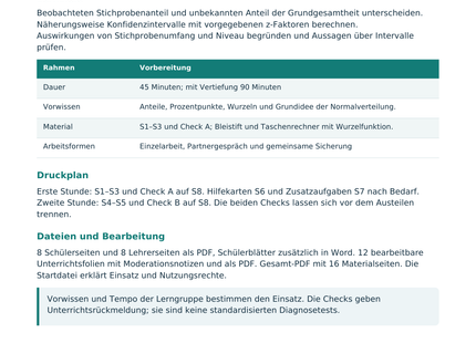 Konfidenzintervalle für Anteile – Lehrerübersicht mit Lernzielen und Druckplan