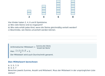 Mittelwert, Median und Spannweite – Schülerblatt S2 mit Spielsteinmodell und Mittelwertformel