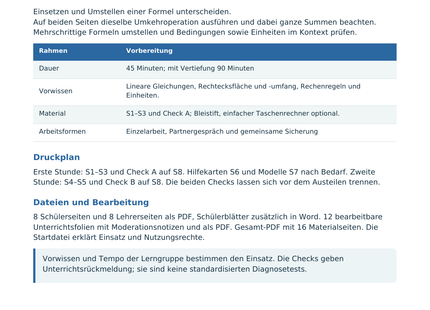 Formeln umstellen und anwenden – Lehrerübersicht mit Lernzielen und Druckplan