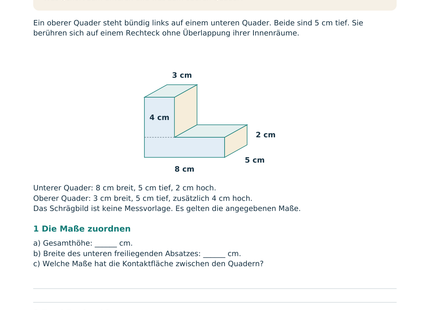 Zusammengesetzte Körper berechnen – Schülerblatt S1 mit beschriftetem Stufenkörper aus zwei Quadern